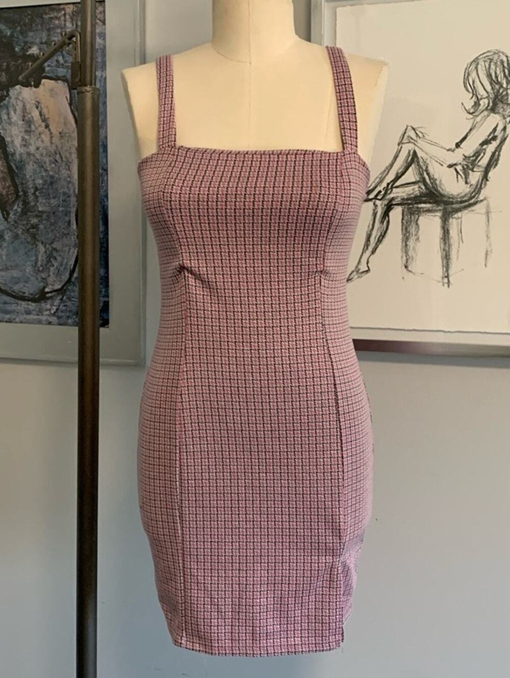 Polly & Esther Retro Pink Houndstooth Tank Pencil Dress Y2K Fitted Sleeveless